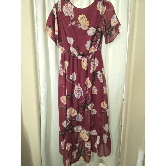 Fall Floral Maxi Dress Women XS Red Short Flutter Sleeve V-Neck Casual Boho - Picture 7 of 7
